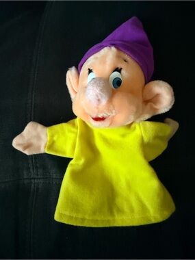 Vintage Disney DopeyPlush Hand Puppet in Purple Hat and Yellow Outfit